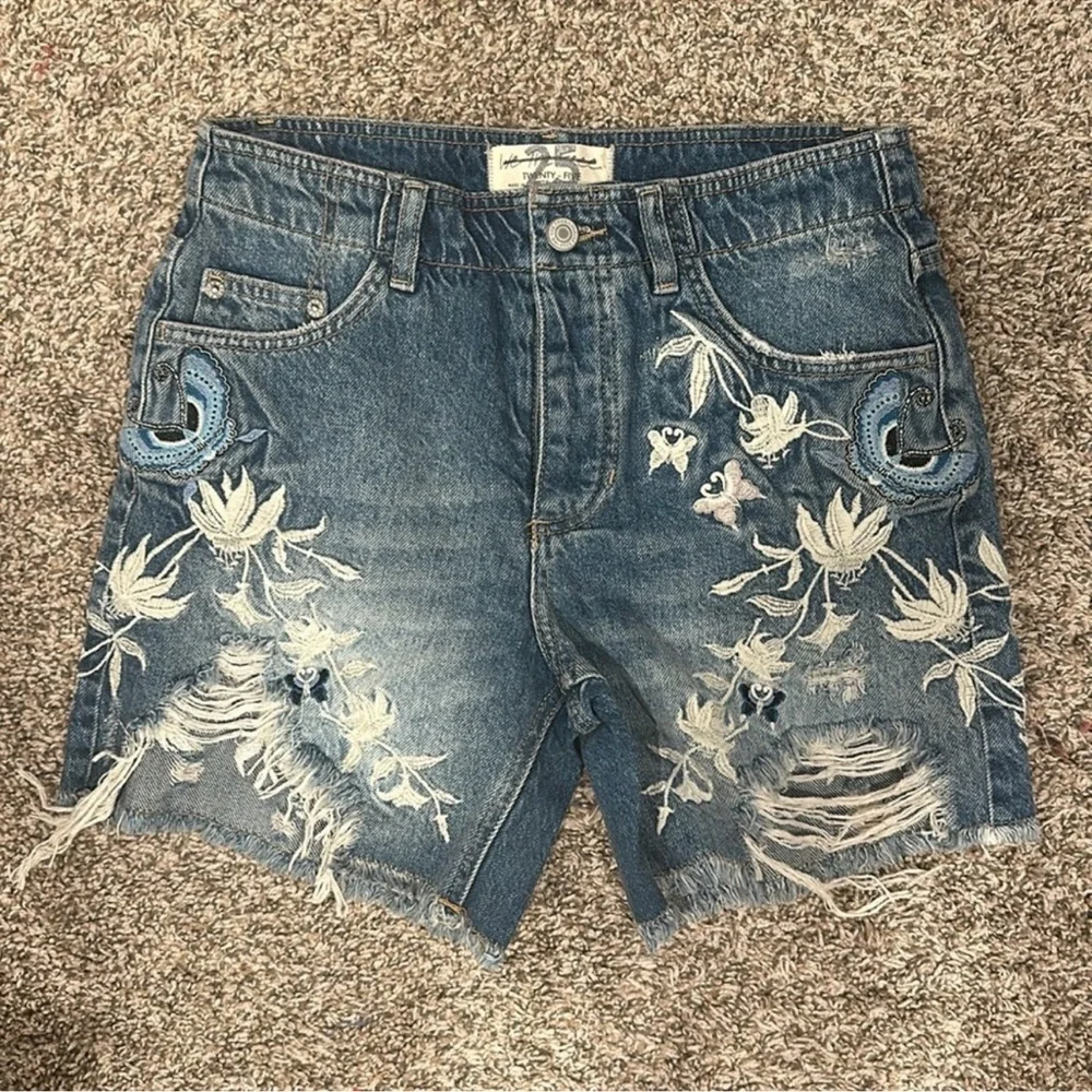 Free People You're My Butterfly Embroidered  Floral Cutoff Denim Shorts